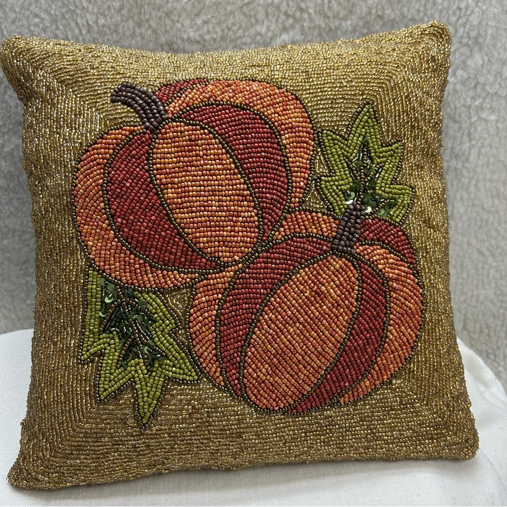 Beaded Pumpkin throw pillow 12" x 13" gold orange green brown Fall decor heavy